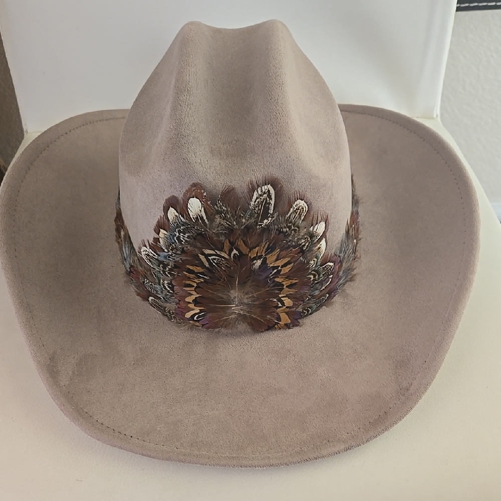 Feather Embellished Tan Cowboy Hat